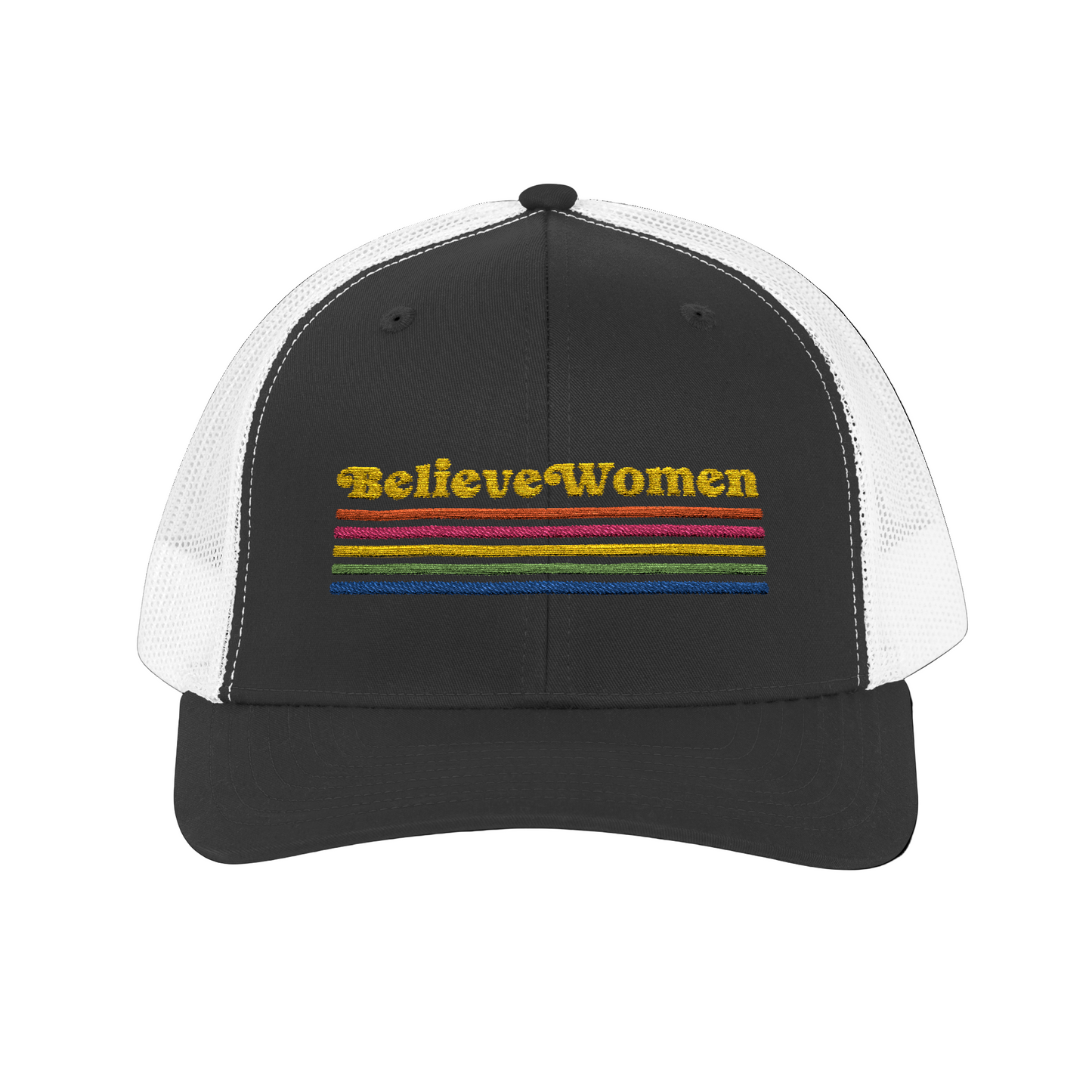 Black and white cap with 'Believe Women' text and rainbow stripes on a white background