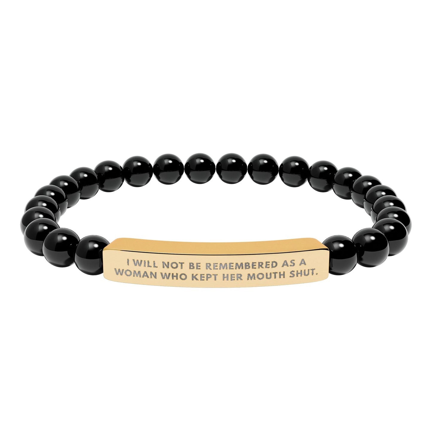 I Will Not Be Remembered As A Woman Who Kept Her Mouth Shut – Chakra Stone Bracelet with 18K Gold‑Plated Engraved Bar | Empowering Statement Jewelry