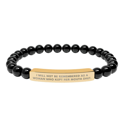 I Will Not Be Remembered As A Woman Who Kept Her Mouth Shut – Chakra Stone Bracelet with 18K Gold‑Plated Engraved Bar | Empowering Statement Jewelry