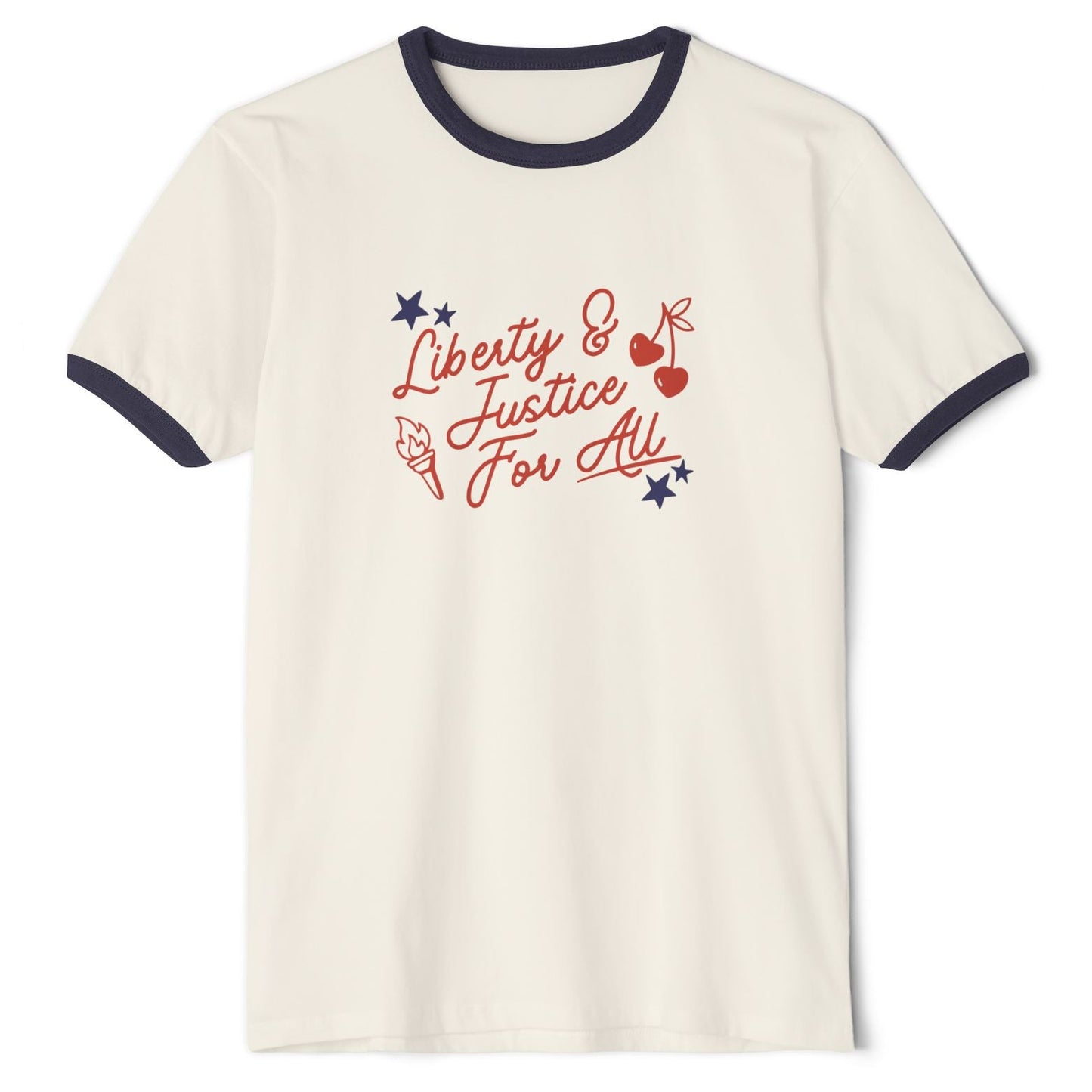 White t-shirt with 'Liberty & Justice for All' text and graphics on a white background