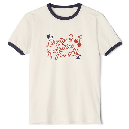 White t-shirt with 'Liberty & Justice for All' text and graphics on a white background