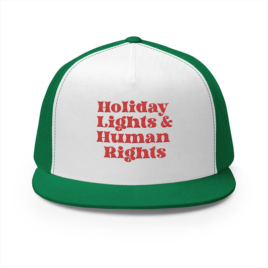 Holiday Lights & Human Rights Trucker Hat, Christmas Embroidered Cap, Human Rights Activist Gift, Festive Holiday Accessory, Social Justice