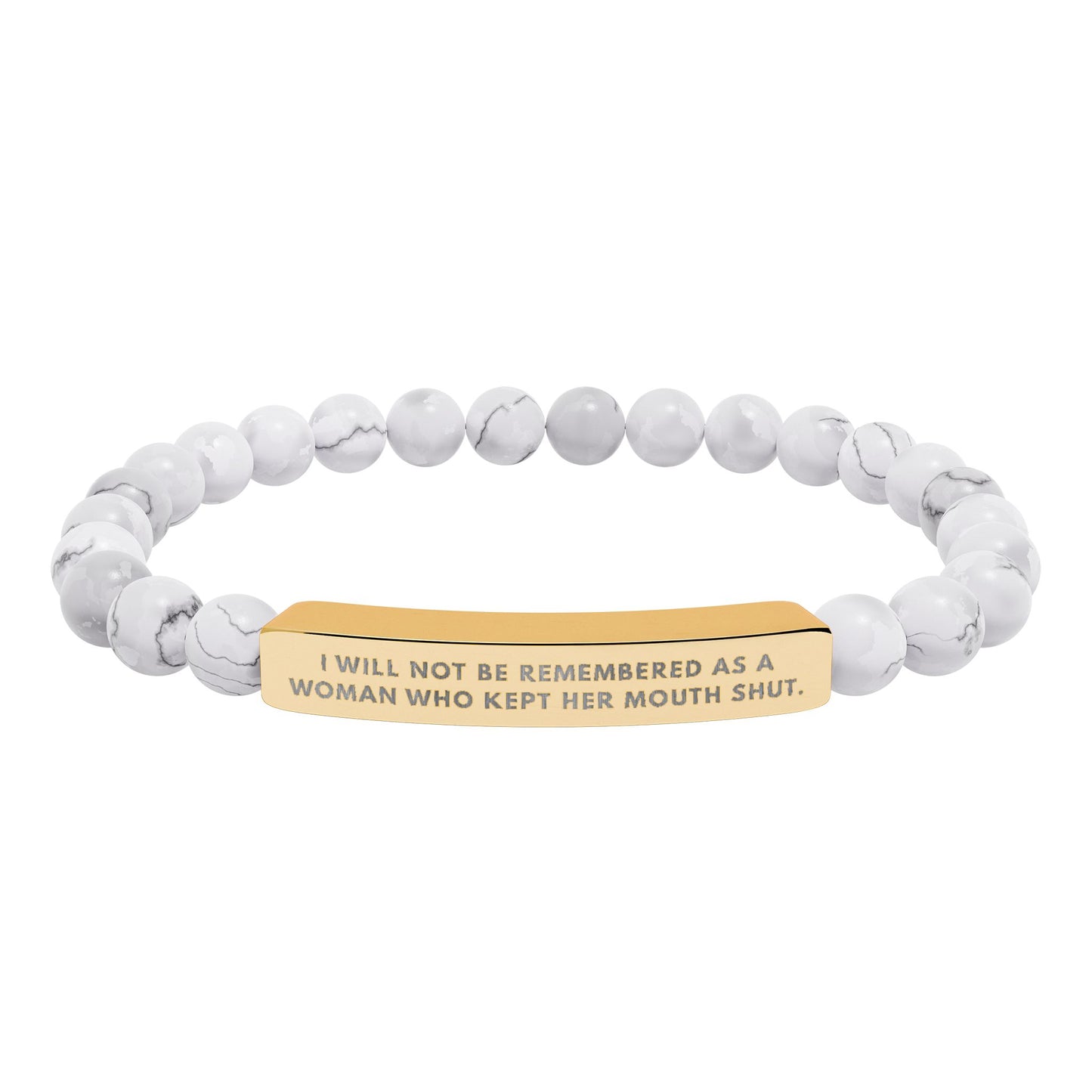 I Will Not Be Remembered As A Woman Who Kept Her Mouth Shut – Chakra Stone Bracelet with 18K Gold‑Plated Engraved Bar | Empowering Statement Jewelry