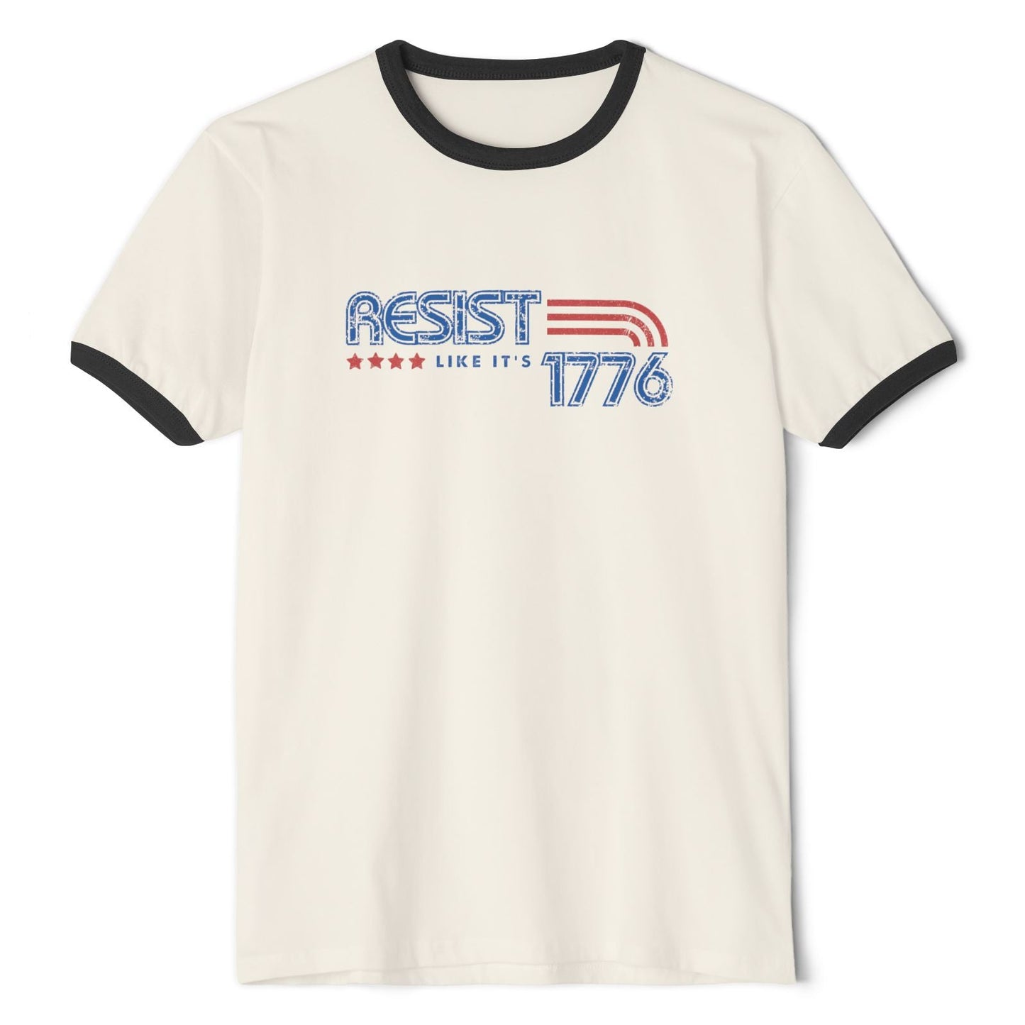 White t-shirt with 'RESIST LIKE IT'S 1776' text on a white background
