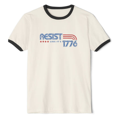 White t-shirt with 'RESIST LIKE IT'S 1776' text on a white background
