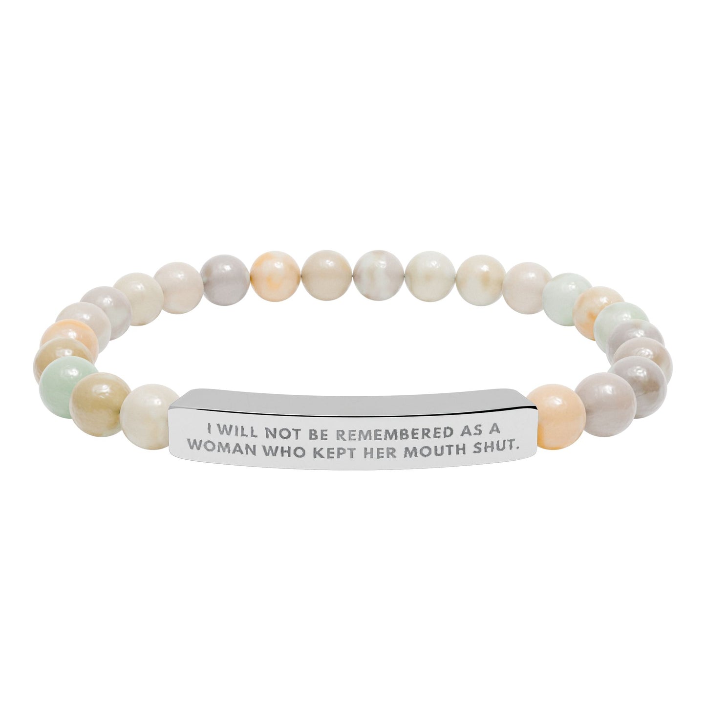I Will Not Be Remembered As A Woman Who Kept Her Mouth Shut – Chakra Stone Bracelet with 18K Gold‑Plated Engraved Bar | Empowering Statement Jewelry