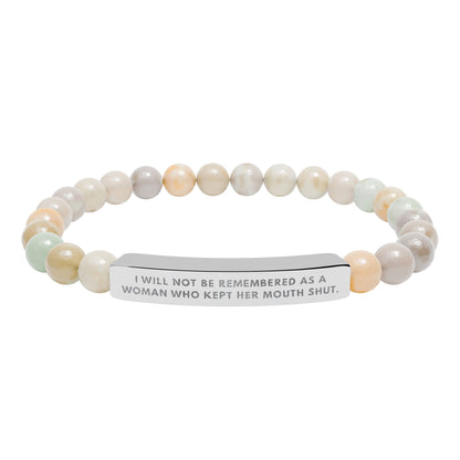 I Will Not Be Remembered As A Woman Who Kept Her Mouth Shut – Chakra Stone Bracelet with 18K Gold‑Plated Engraved Bar | Empowering Statement Jewelry