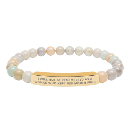 I Will Not Be Remembered As A Woman Who Kept Her Mouth Shut – Chakra Stone Bracelet with 18K Gold‑Plated Engraved Bar | Empowering Statement Jewelry