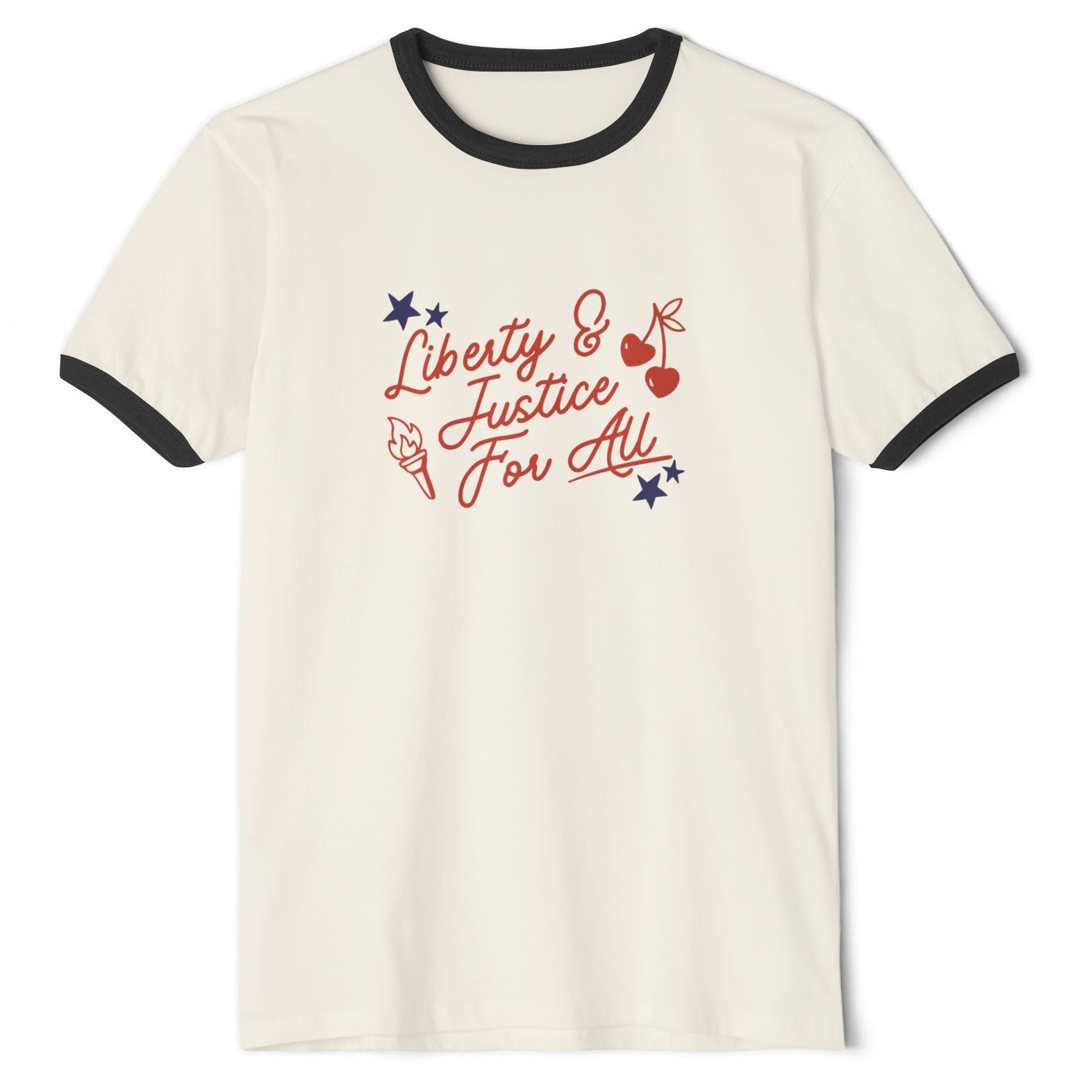 White t-shirt with black trim featuring 'Liberty & Justice for All' text on a white background