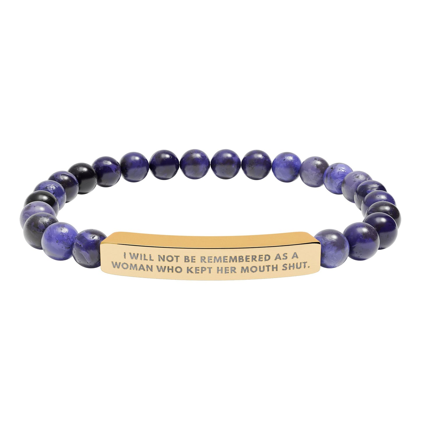 I Will Not Be Remembered As A Woman Who Kept Her Mouth Shut – Chakra Stone Bracelet with 18K Gold‑Plated Engraved Bar | Empowering Statement Jewelry