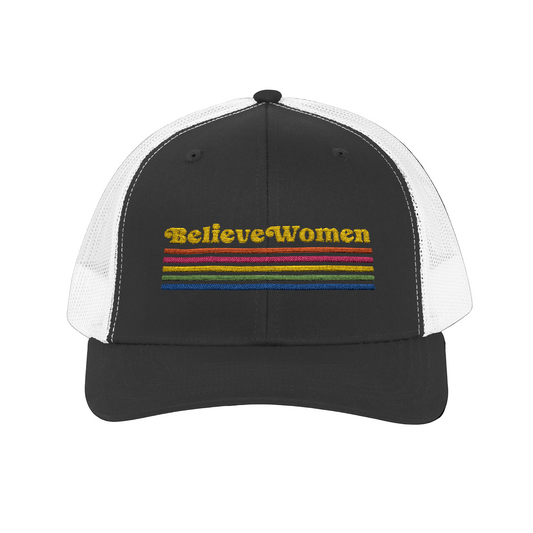 Black and white cap with 'Believe Women' text and rainbow stripes on a white background