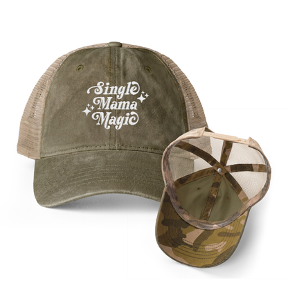 Single Mama Magic | Washed Pattern Mesh-Back Trucker Hat