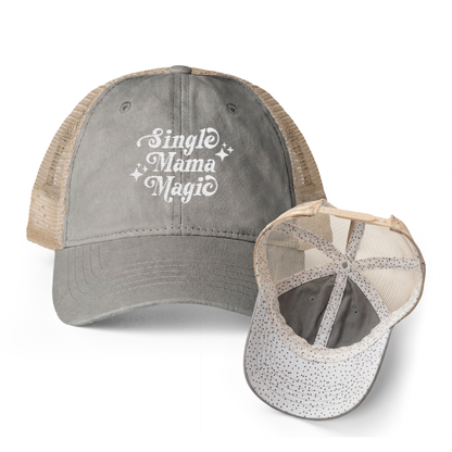 Single Mama Magic | Washed Pattern Mesh-Back Trucker Hat